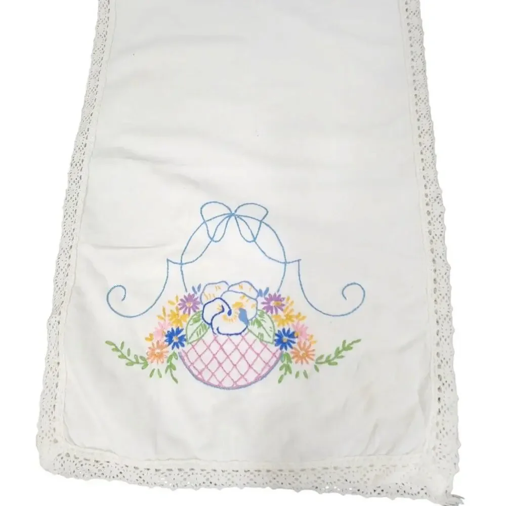 VTG TABLE RUNNER GARDEN BASKET FLORAL EMBROIDERED DRESSER SCARF ESTATE MCM 36